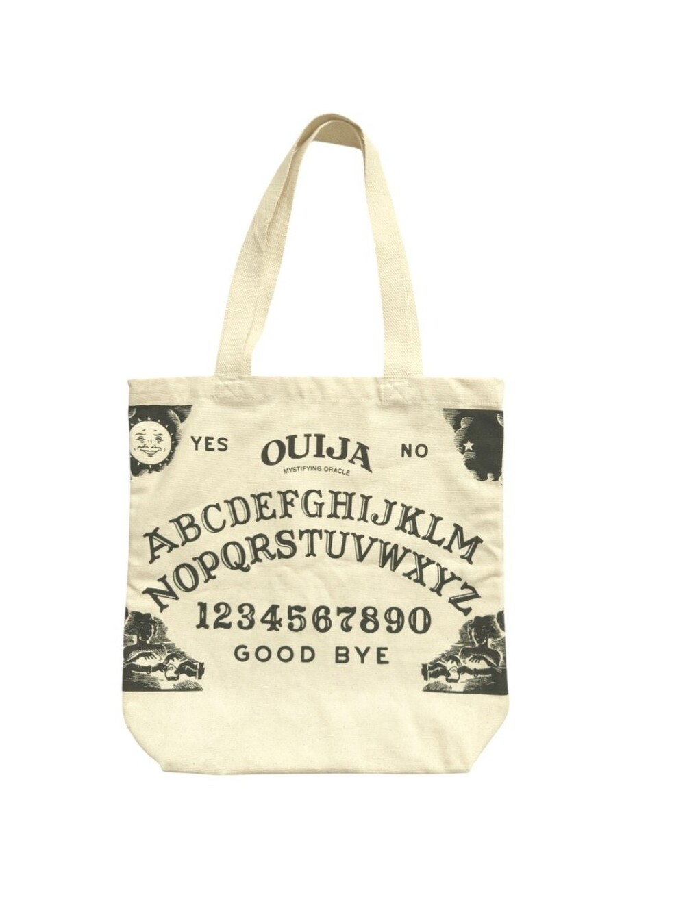 OUIJA Board Print Canvas Tote Cream Beige and Black Letters